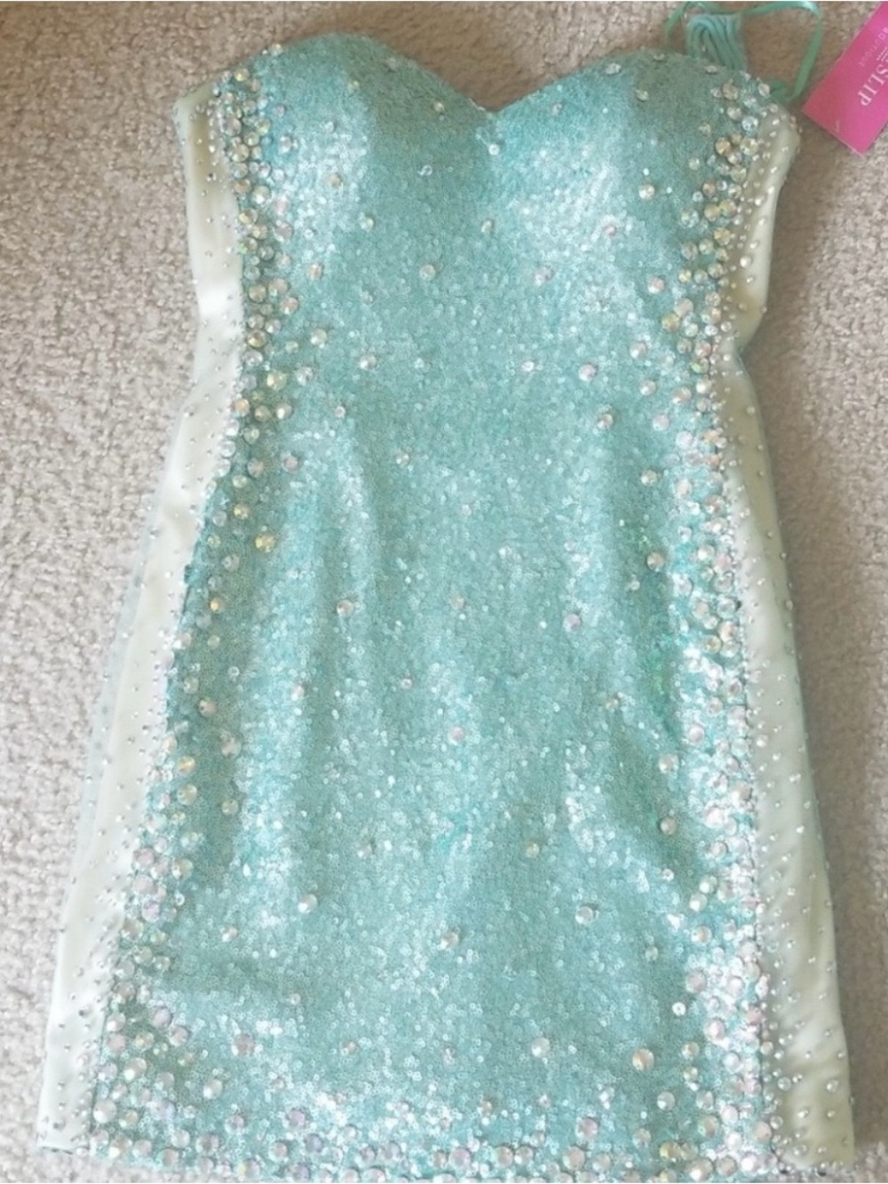 NWT Let's Fashion Mint Green Sequin Rhinestone Strapless Mini Dress - Size L
